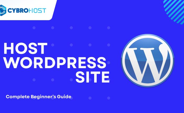 Illustration showing a laptop with a WordPress dashboard, hosting servers, a globe icon, and a rocket representing website launch.